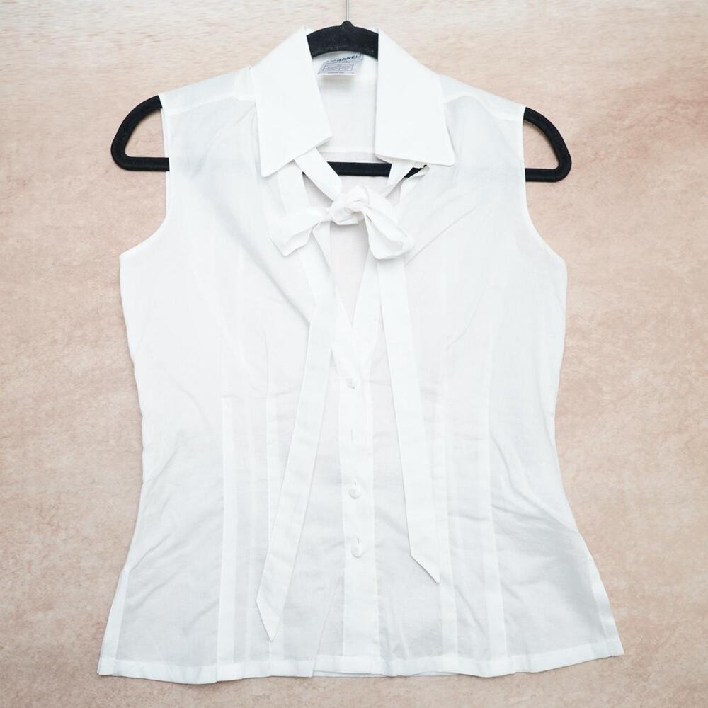 Authentic Chanel Tie Neck Sleeveless Blouse FR34